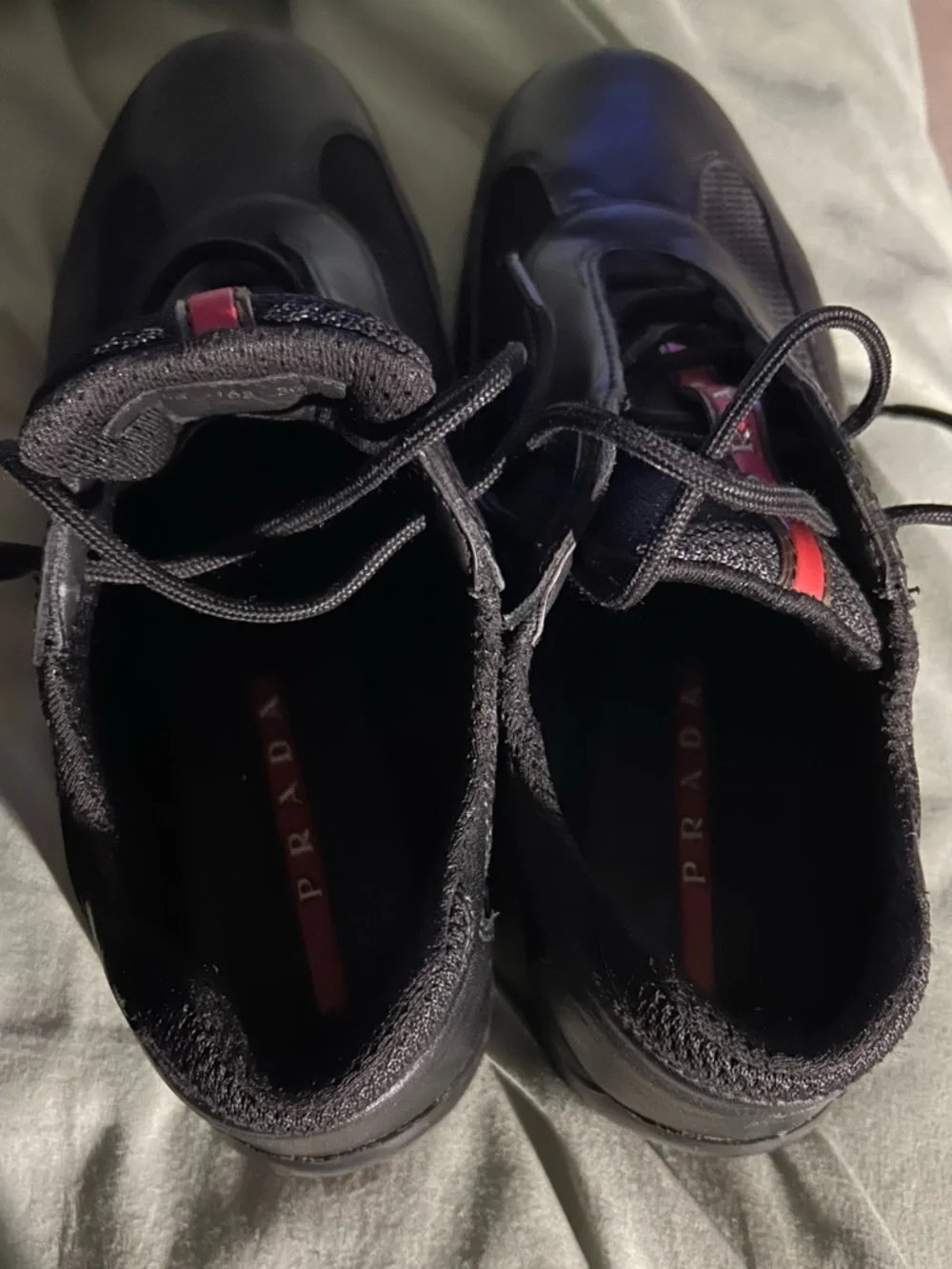 Prada Black Low-Top Sneakers with Red Logo Strips - Picture 3 of 4